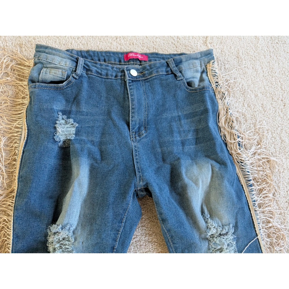 Mundefeis Womens Denim Fringe Boho Jeans XL Blue Distressed Straight Leg - Picture 5 of 14
